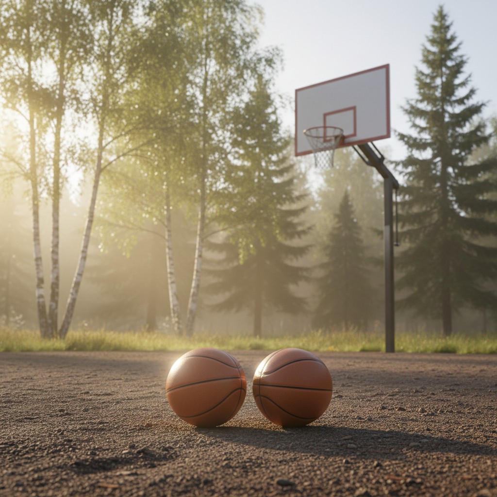 Scene of an outdoor basketball court with two balls placed in front of the hoop.
