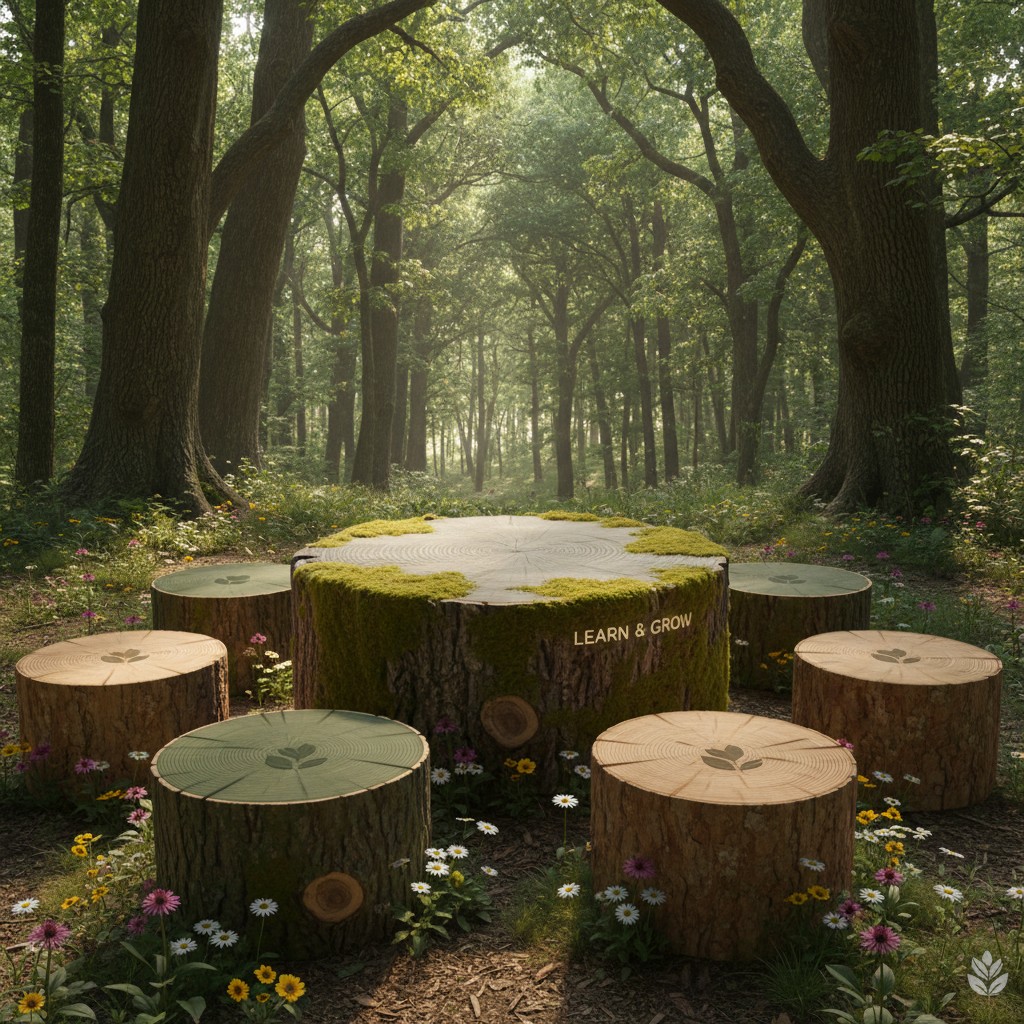 A serene forest glade with moss-covered tree stumps and colorful wildflowers.