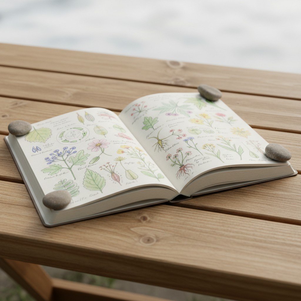 A sketchbook on a wooden bench, filled with detailed sketches of various flowers.